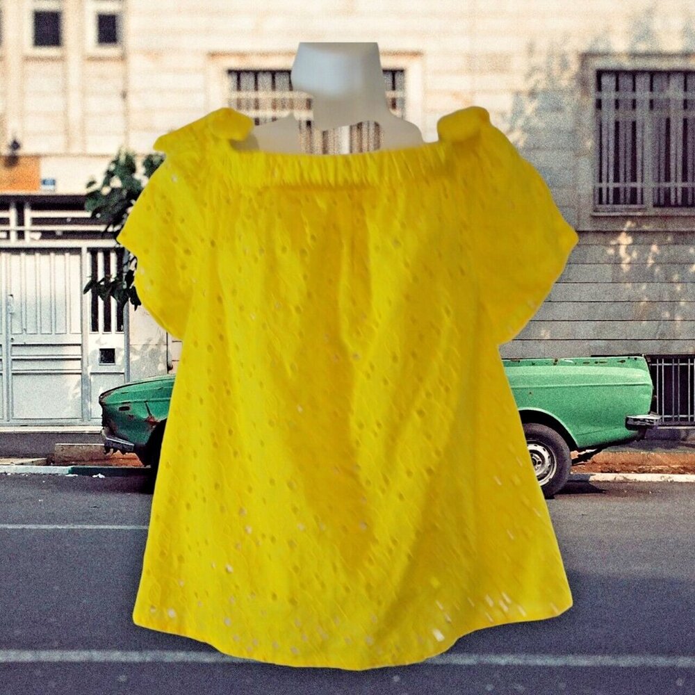 Womens Shirt 2XL Yellow Lacy Mid-Drift Elastic Collar from By & By